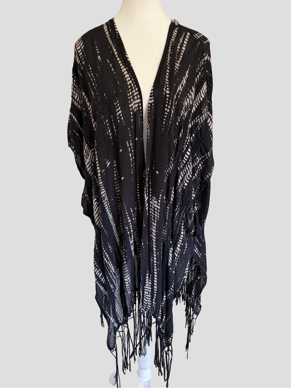 Black Print Lace Trim Fringe Boho Summer Kimono Coverup- O/S